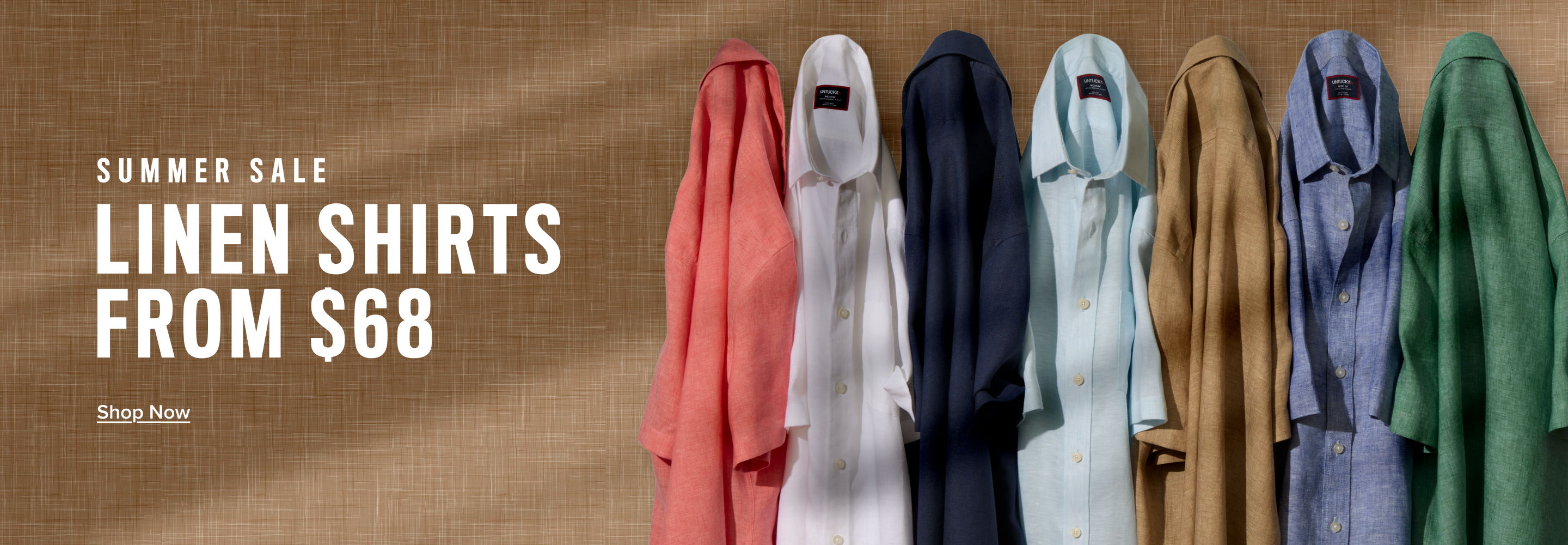Linen shirts in various colors with pricing information.