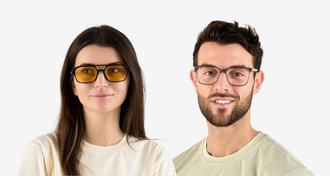 Woman with square face wearing aviator sunglasses and man with oblong face wearing square eyeglasses