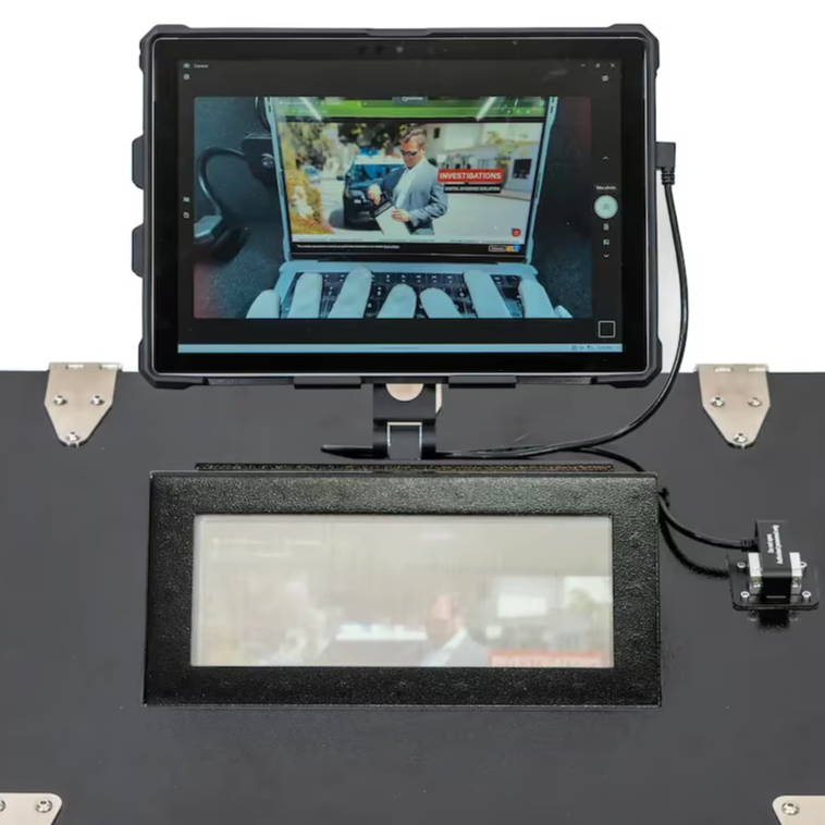 13 inch Microsoft Surface Pro tablet mounted externally to the BlockBox Lab XL lid, above the shielded viewing window