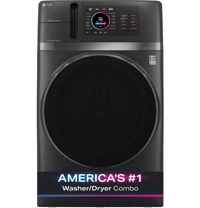 Black washer/dryer combo with digital display and 