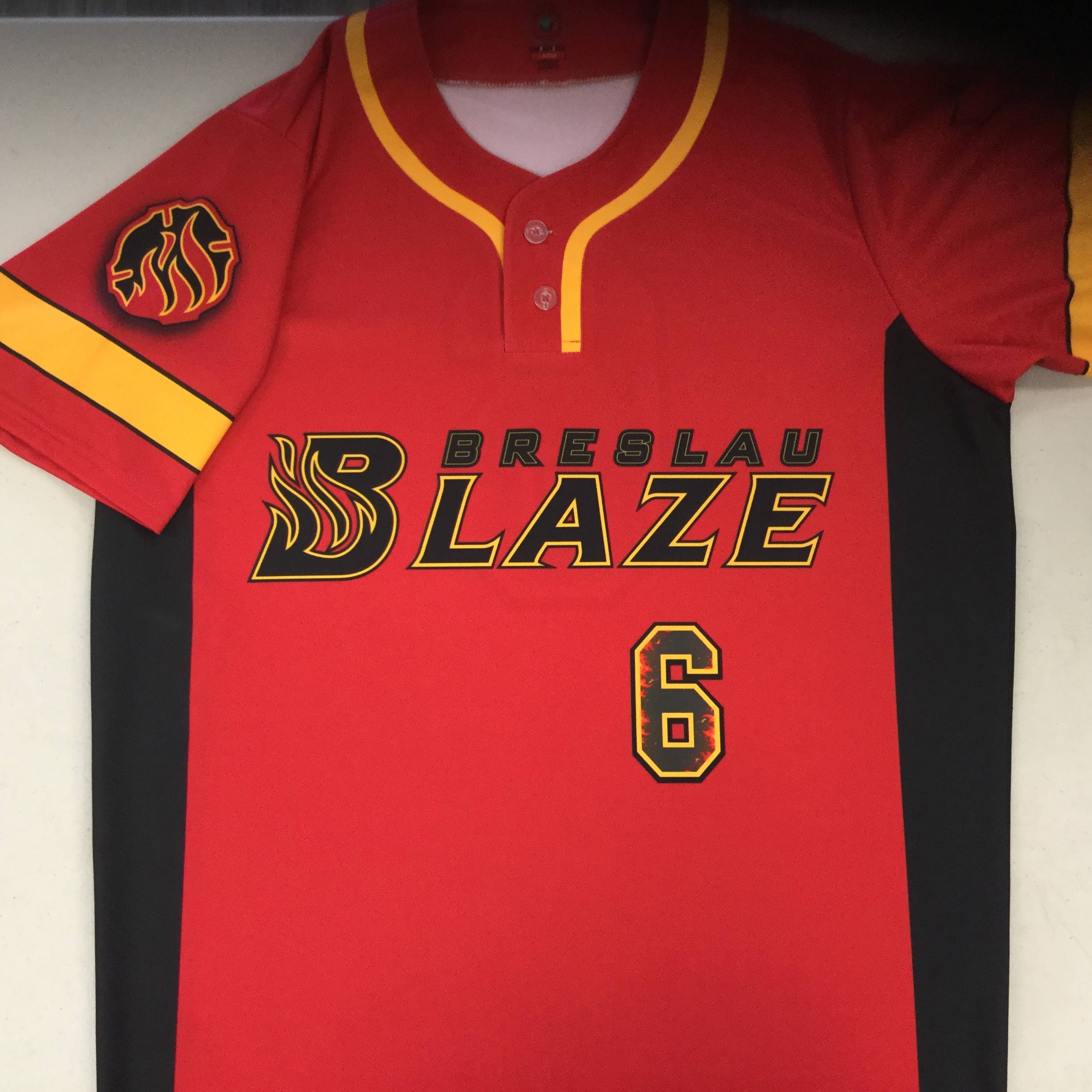 Custom Sublimated 2-Button Baseball Jersey: Breslau Blaze Slo-Pitch