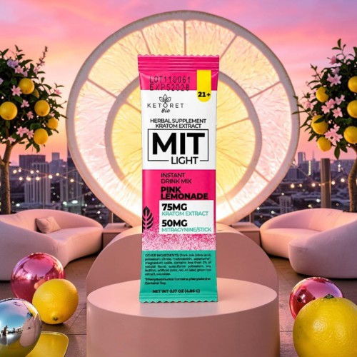 Product packaging for MIT Light with dosage information against a colorful background.