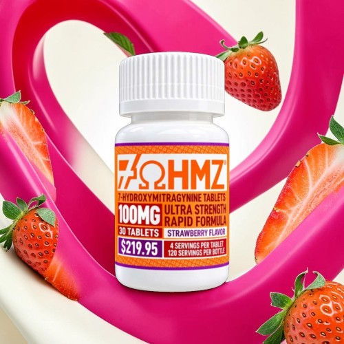 Bottle of tablets with strawberries, pink background, 100mg ultra strength formula.