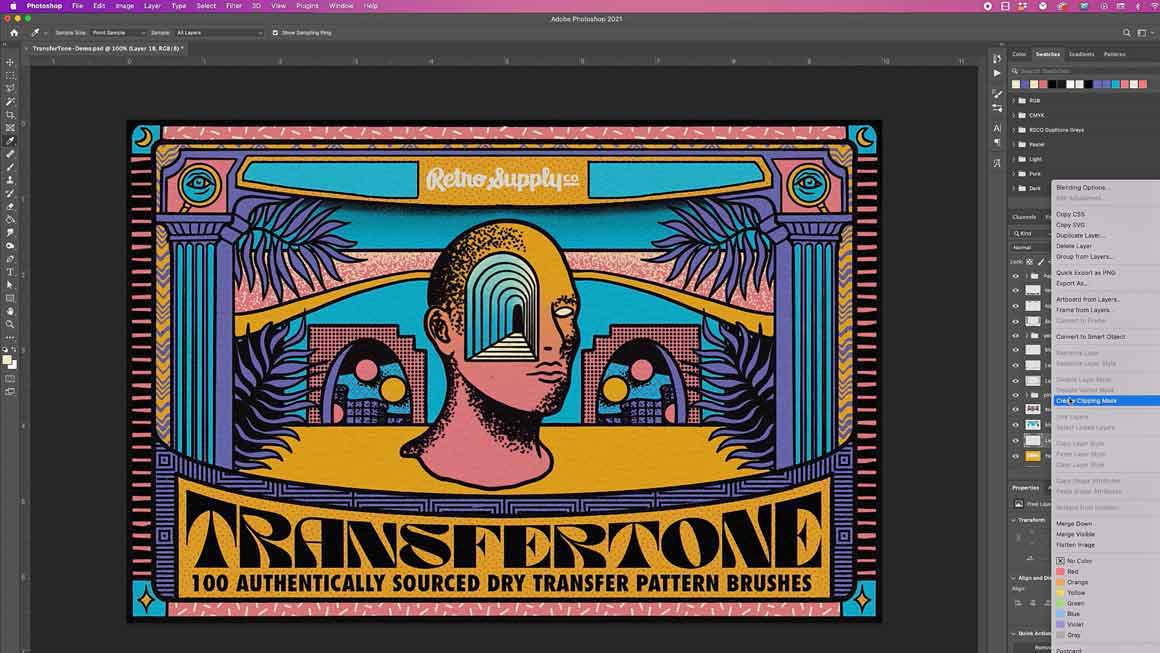 Applying patterns using clipping masks in Photoshop.