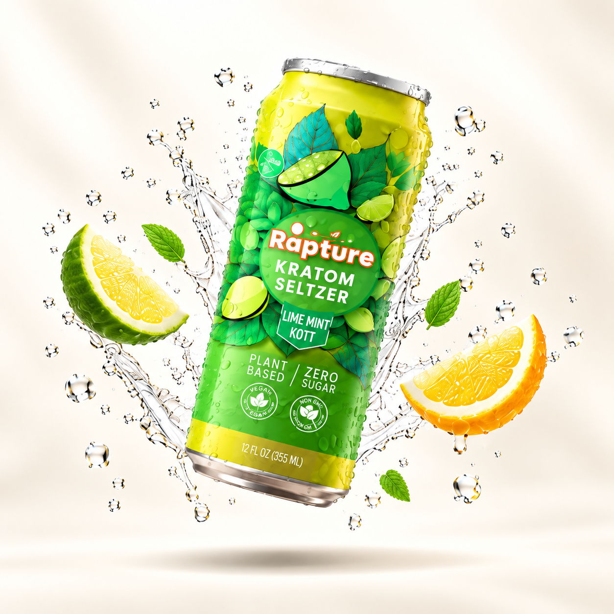 A can of Rapture Kratom Seltzer with citrus splashes around it.