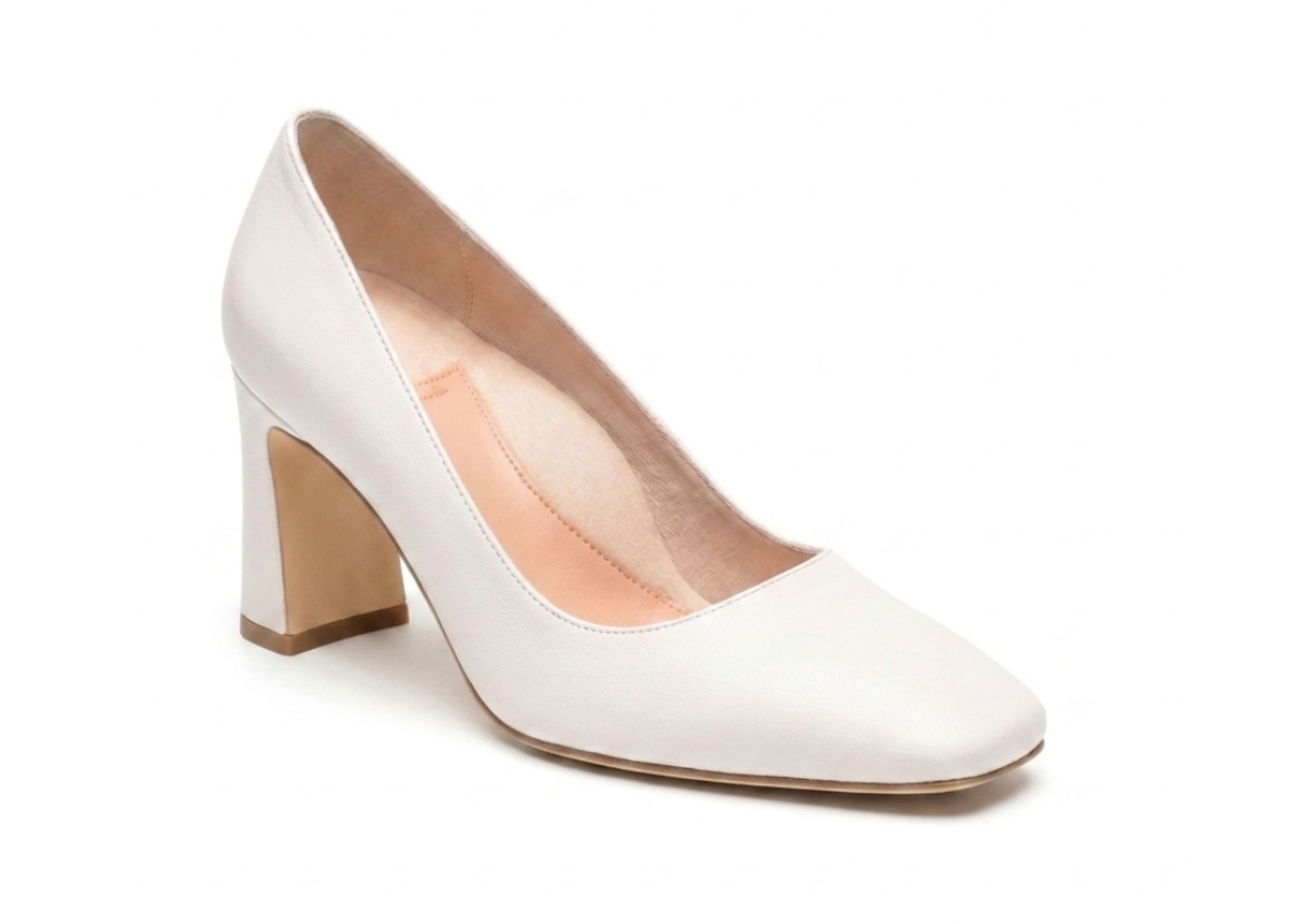 White high-heeled shoe with a chunky heel and rounded toe.