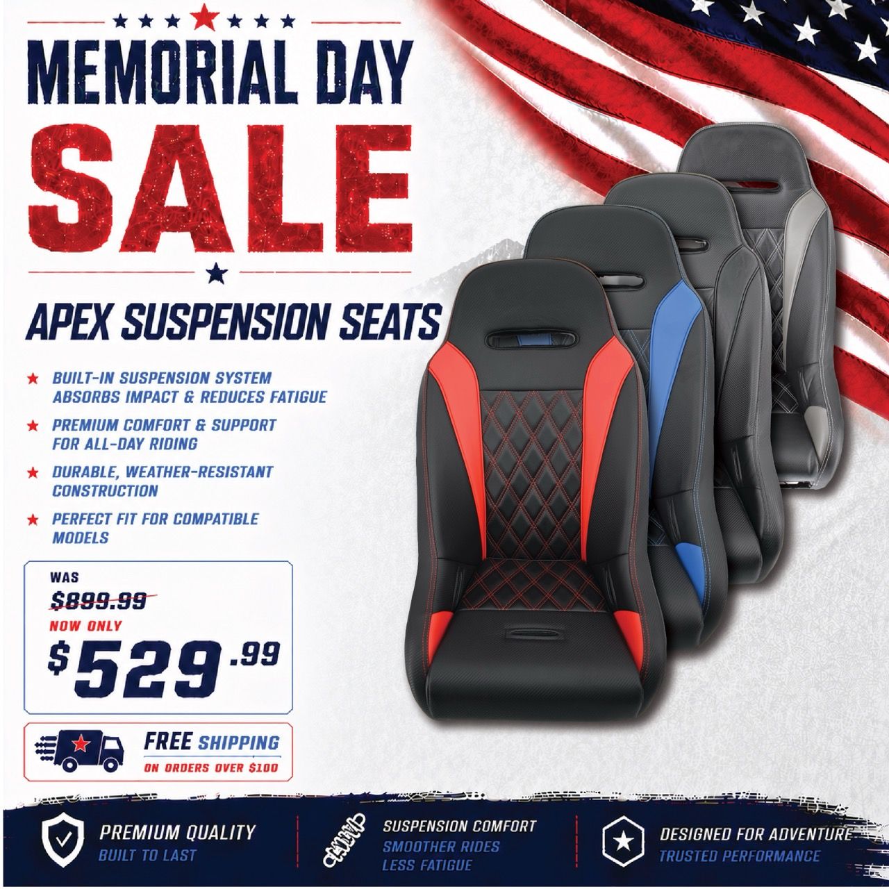 Memorial Day sale on Apex suspension seats with discounted price and free shipping.