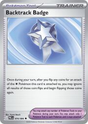 Backtrack Badge Pokémon Tool card with a star design and game instructions.