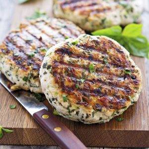 Caramelized Onion and Mushroom Turkey burger patties on cutting board