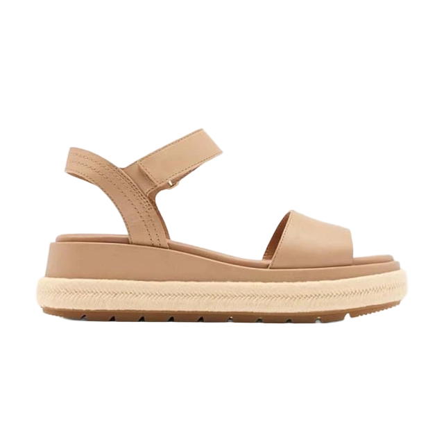 Tan sandal with ankle strap and thick sole.
