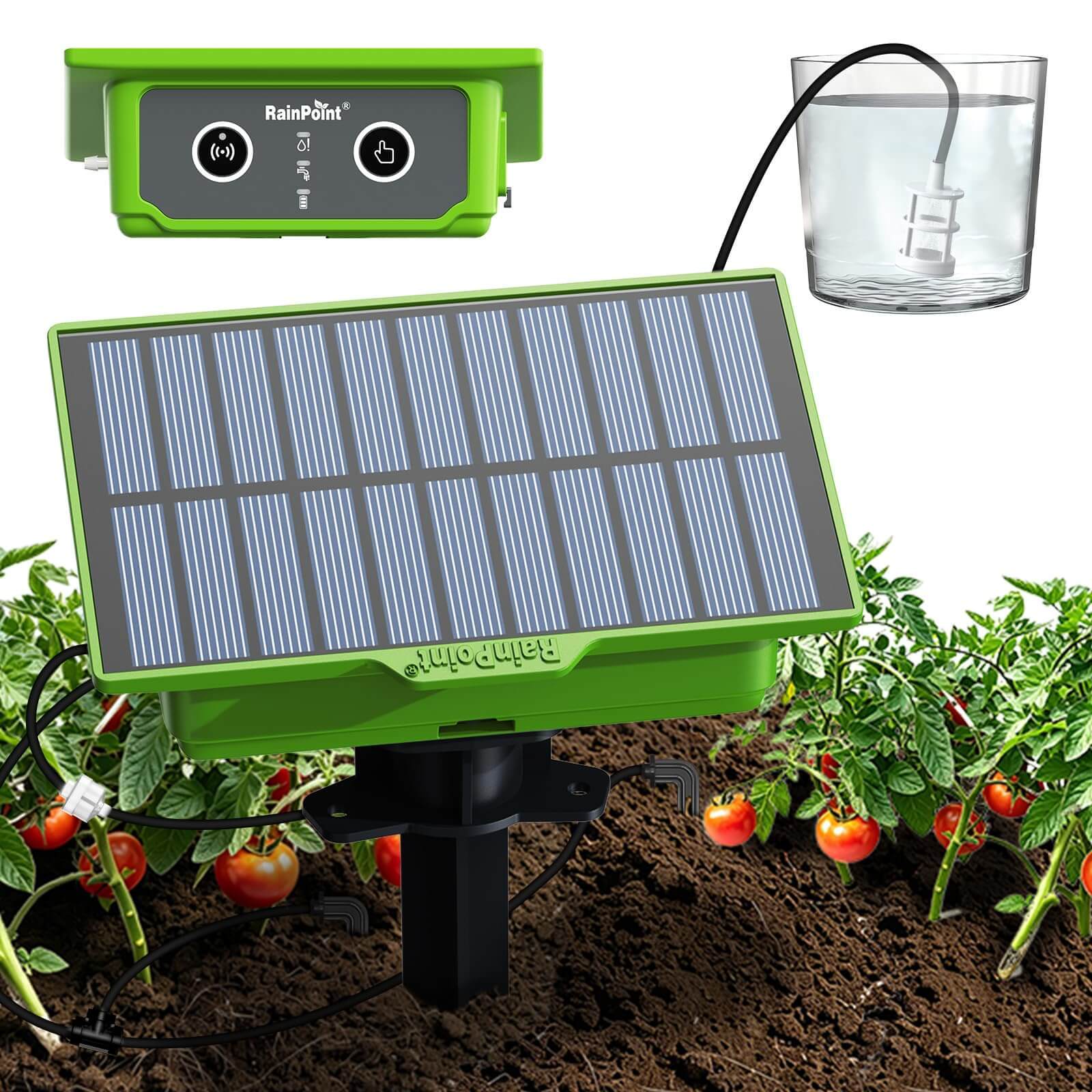 Solar-powered watering system for plants with control panel and water container.