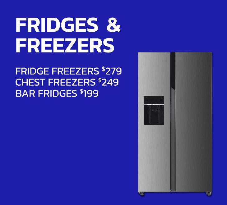 Fridge and freezer promotions with prices on a blue background.