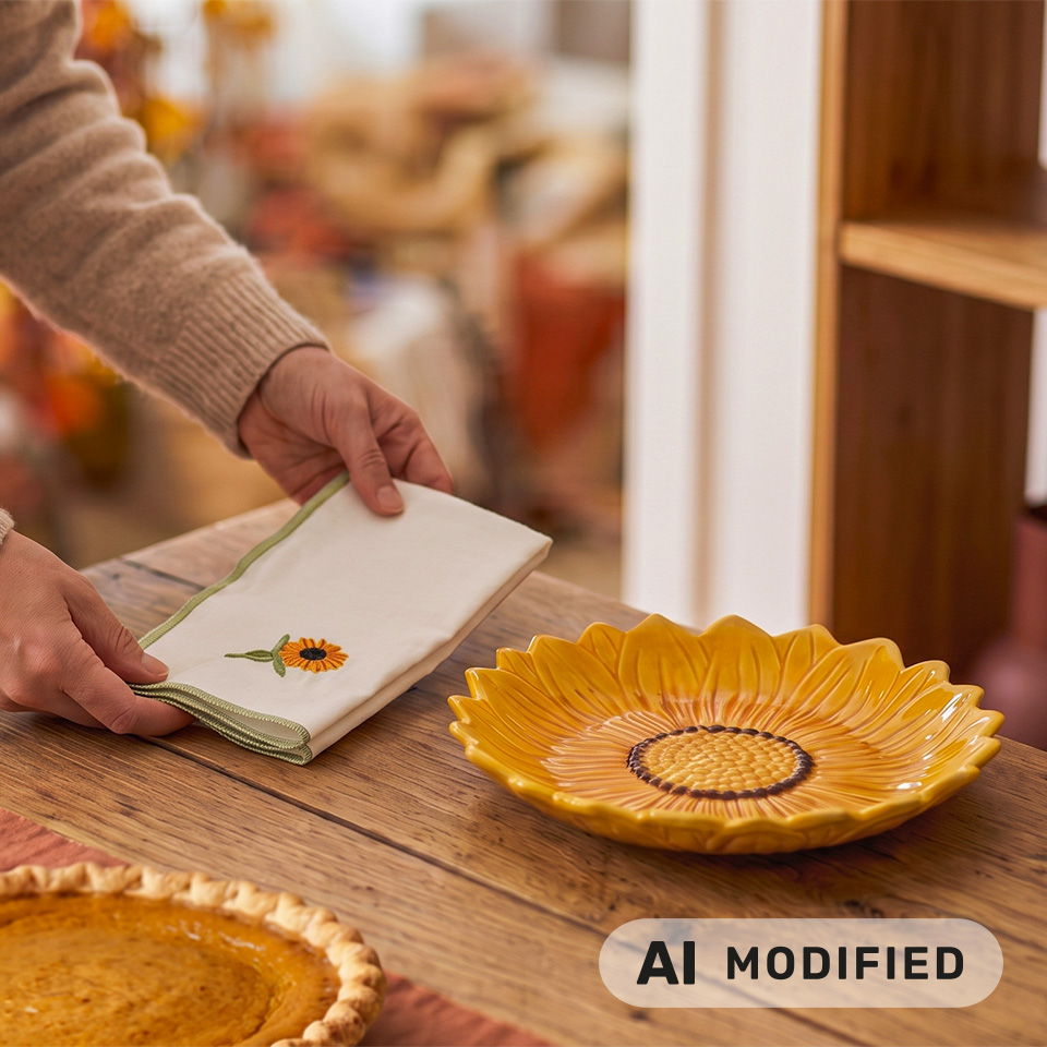 Personne plaçant une serviette à côté d’un plat à tarte jaune sur une table.