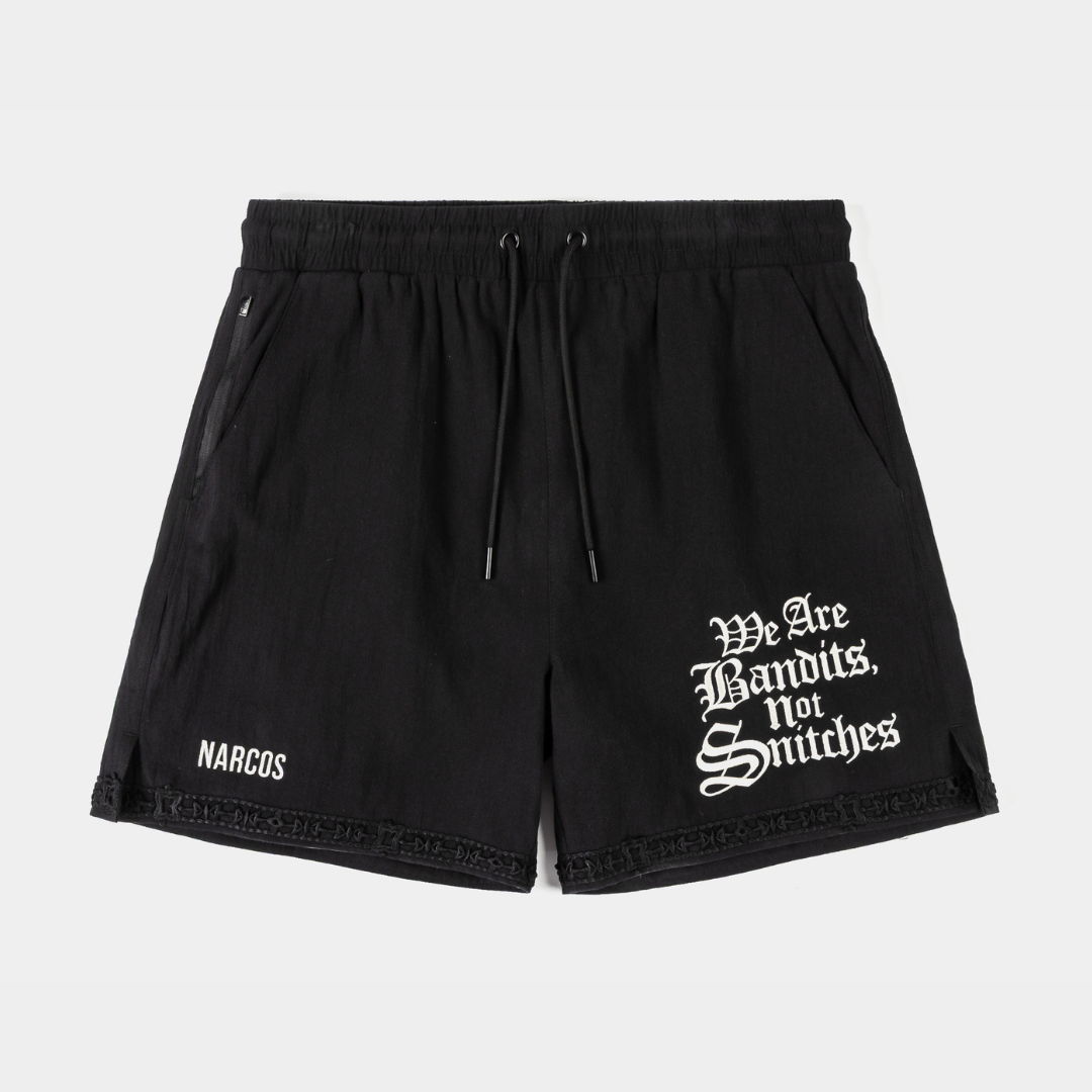 Black shorts with text 