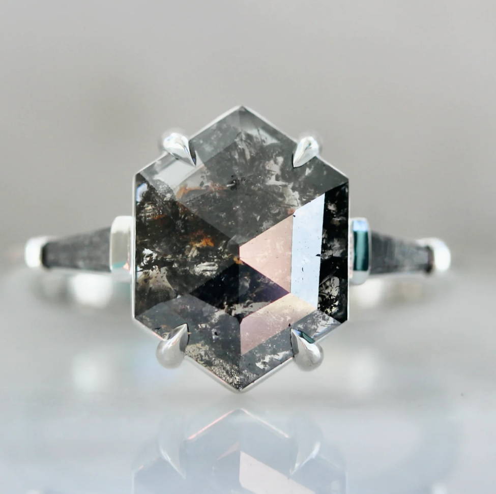 Hexagon Salt and Pepper Diamond Ring