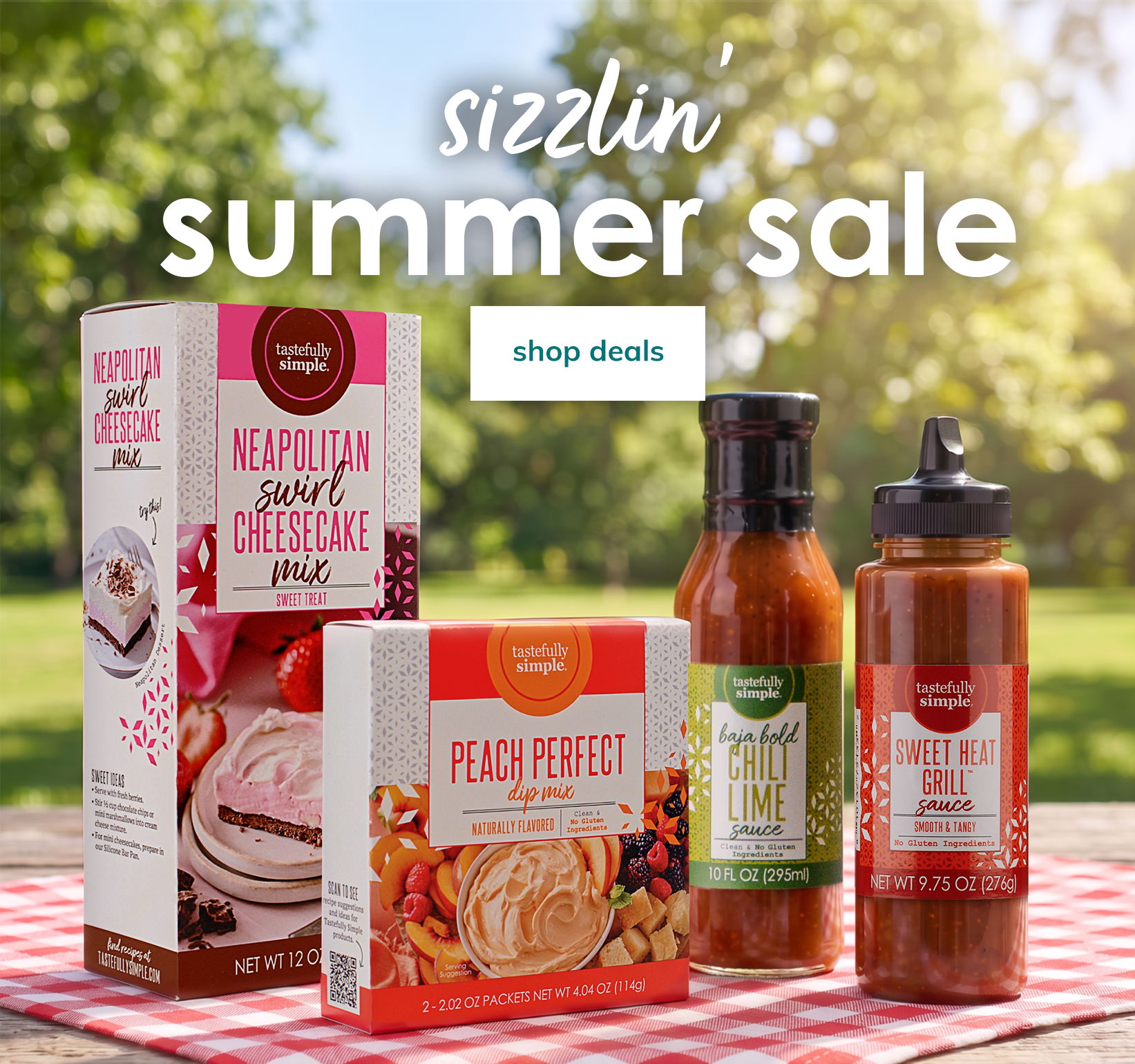 Shop the Sizzlin' Summer Sale featuring Tastefully Simple dessert mixes and grilling sauces.