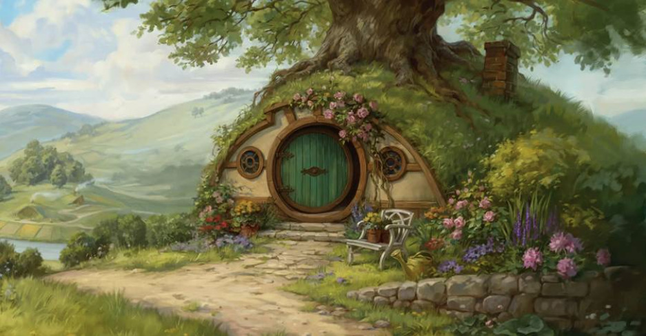 A whimsical hobbit mtg house surrounded by greenery and flowers.