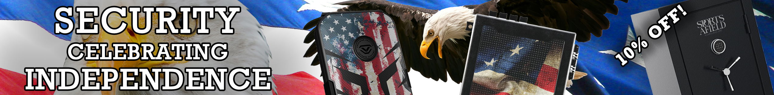 Promotional banner celebrating the 250th anniversary of America with USA themed items and 10% off a limited edition rifle safe.