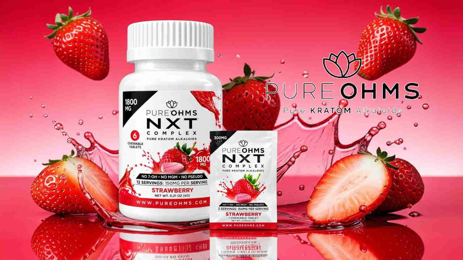 NXT supplements with strawberries on a vibrant pink background.