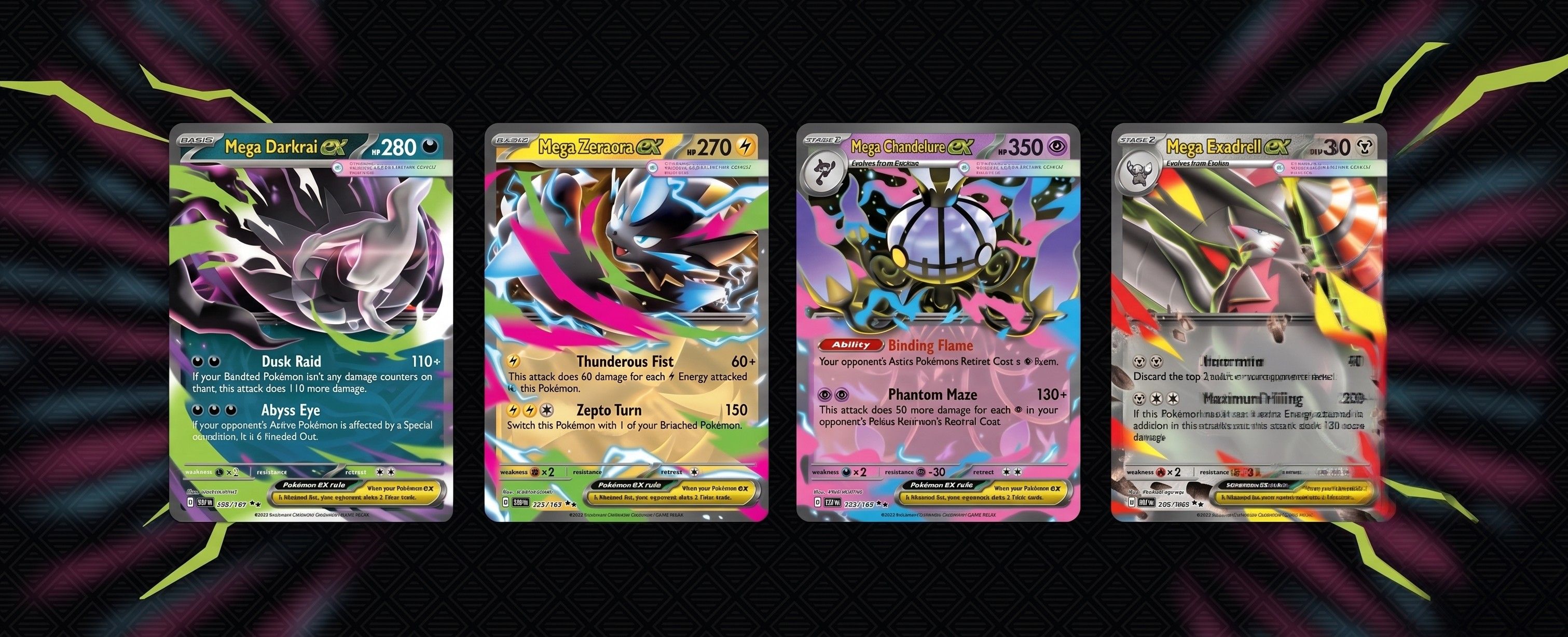 Four colorful Pokémon trading cards against a dark background with dynamic patterns.