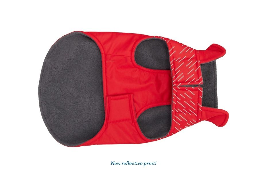 Red pet vest with gray lining and decorative straps.