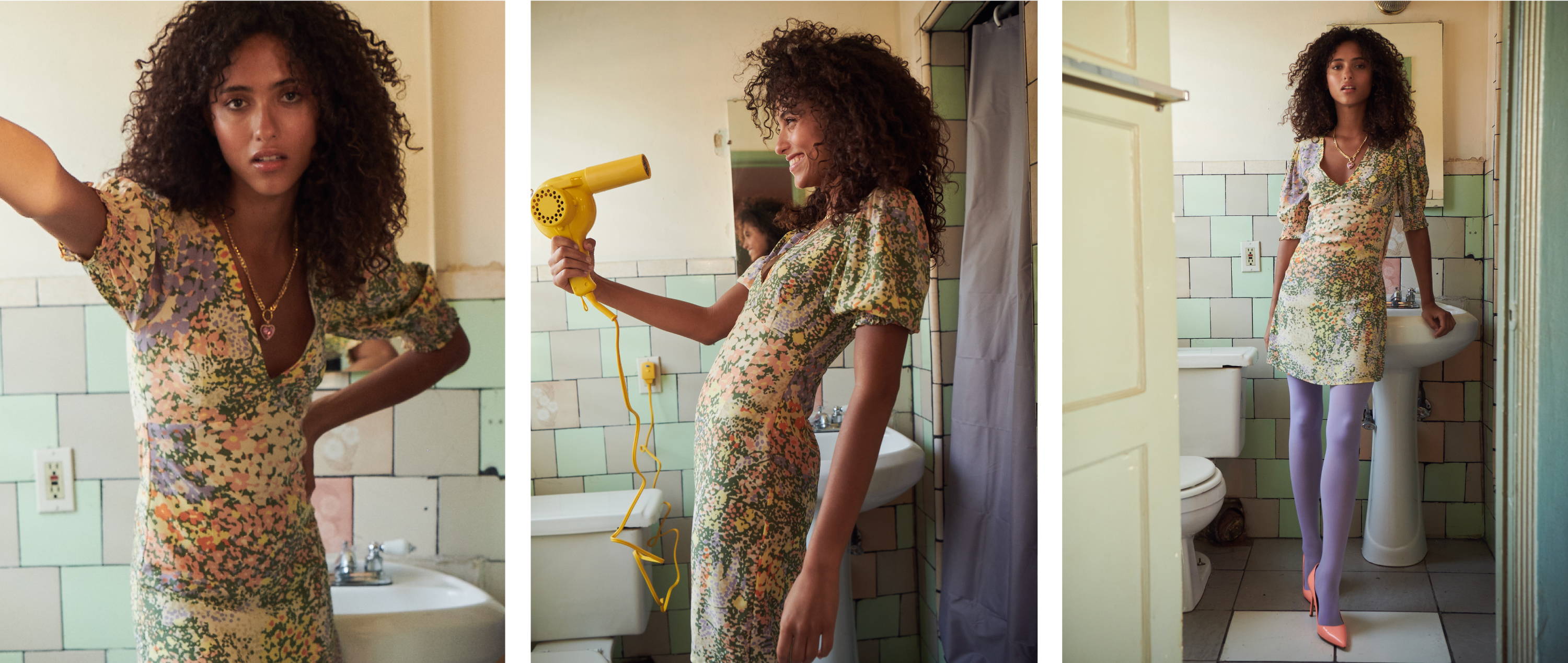 Model in bathroom wearing Roma dress in Gardenia