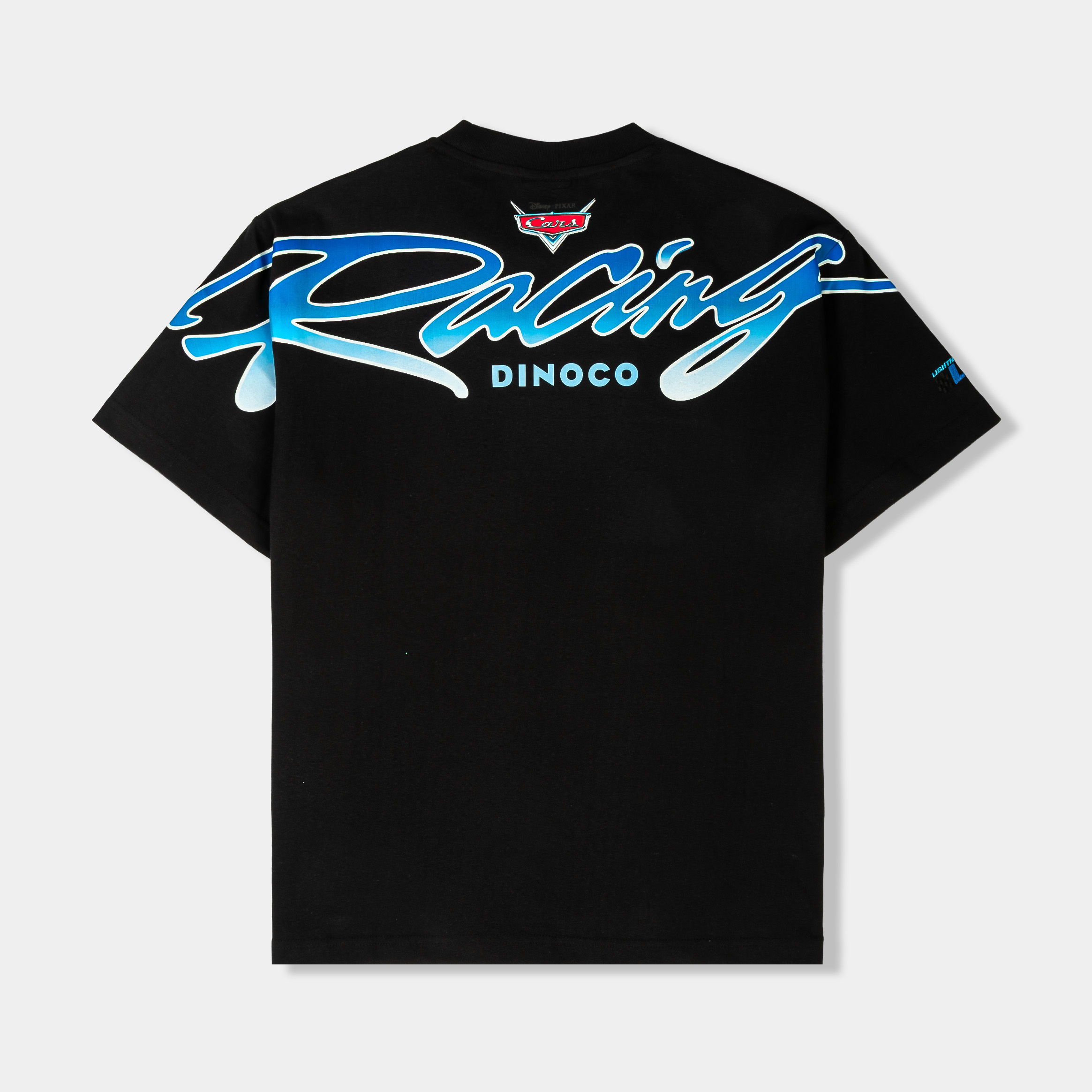 Black t-shirt featuring Lightning McQueen and racing graphics.