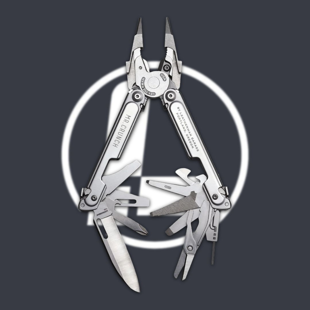 A multi-tool with various tools against a dark background and circular logo.