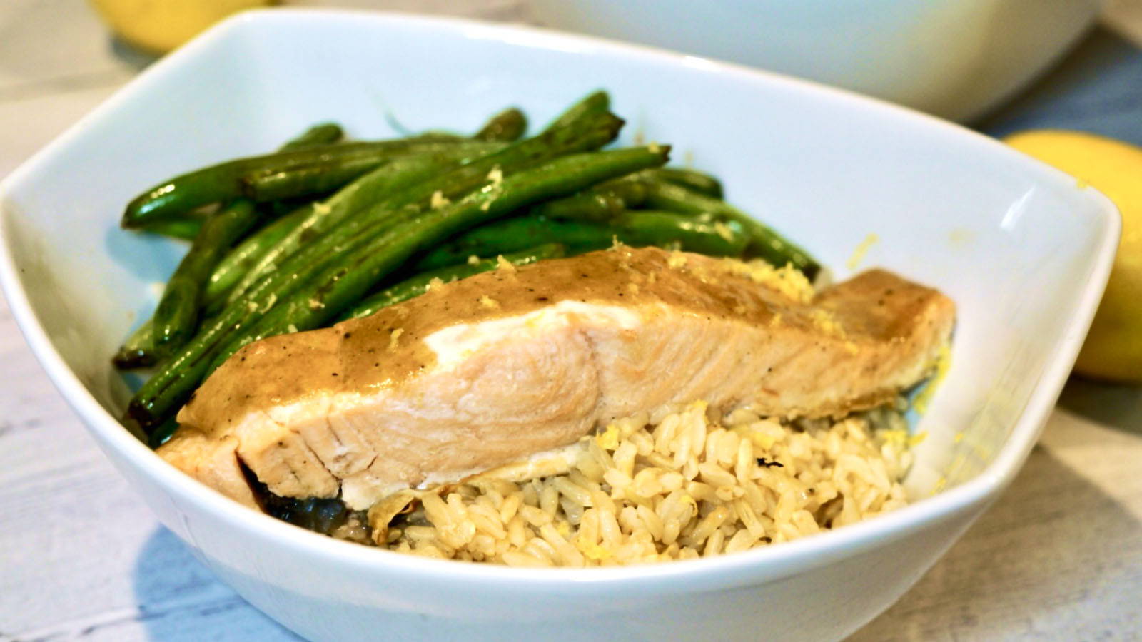 Gourmend recipe for low fodmap Dijon roasted salmon with balsamic green beans and brown rice