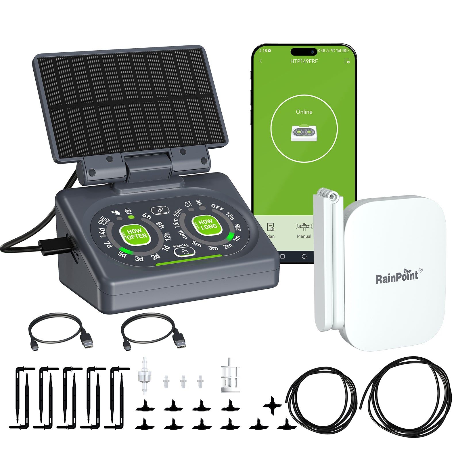 Smart irrigation system with solar panel, smartphone app, and various accessories.