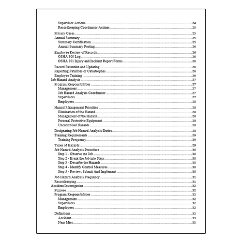 Construction Safety Plan Table of Contents