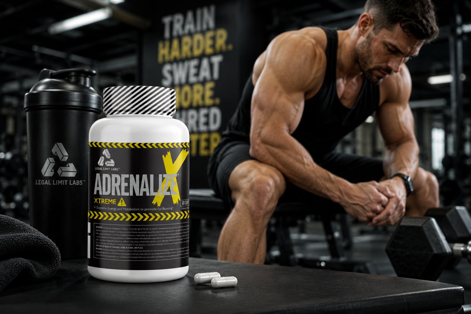 Man in gym with supplement bottle and dumbbells, focused on workout.