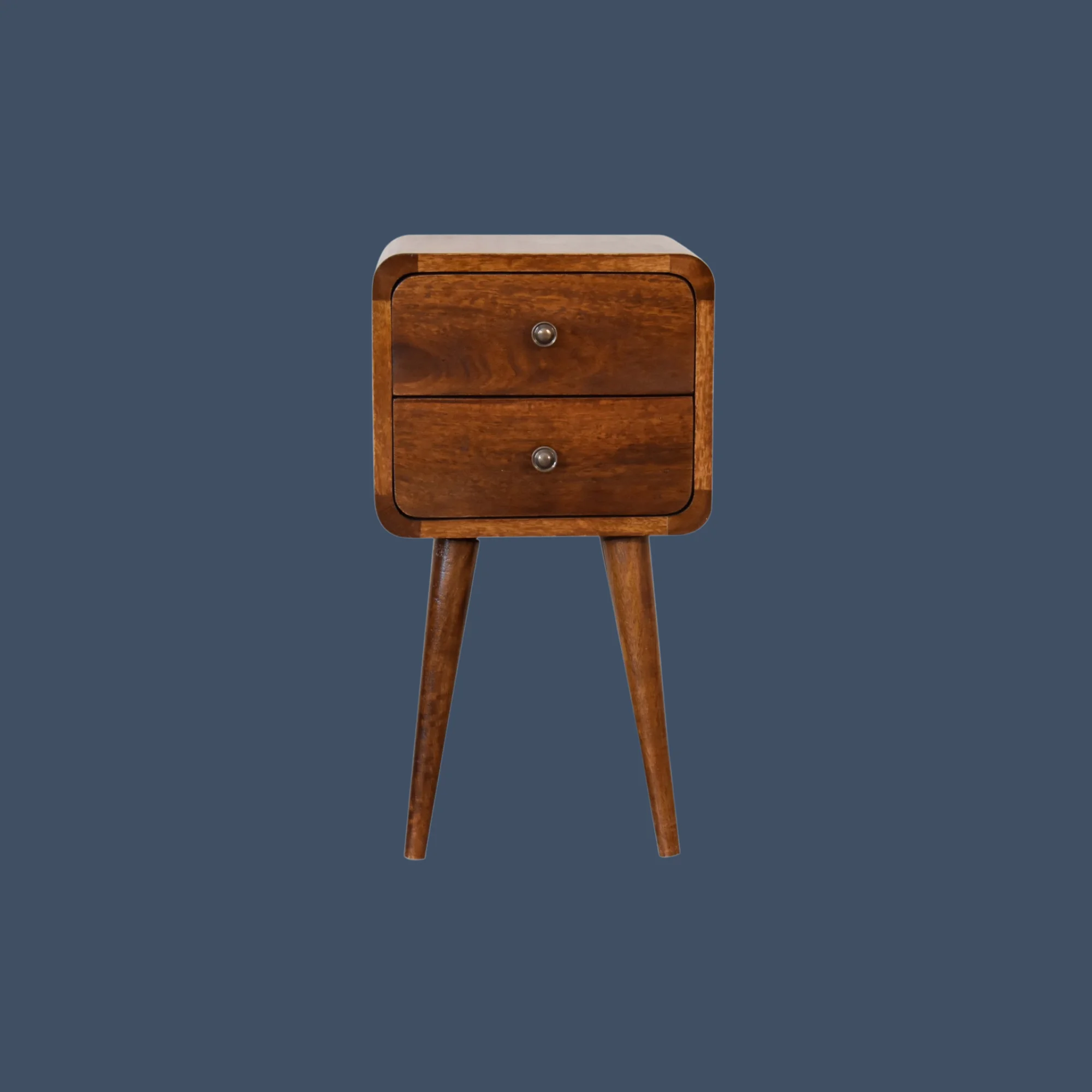 Mini Century Handmade Solid Wood Compact 2 Drawer Bedside Table in Deep Chestnut | MalletandPlane.com