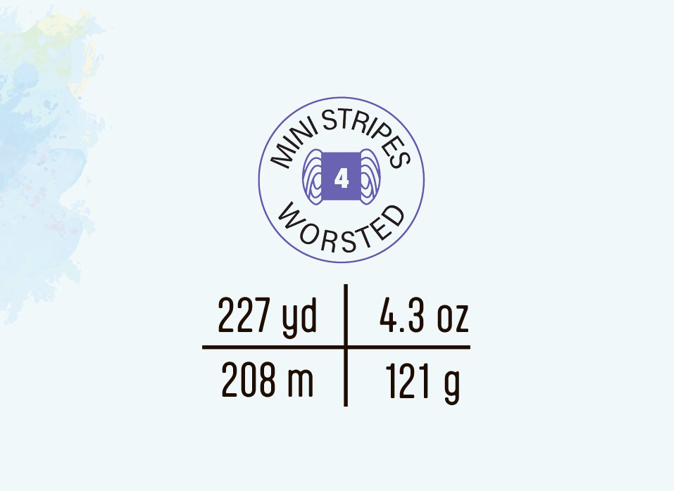 Mini Stripes Worsted yarn label with yardage and weight information.