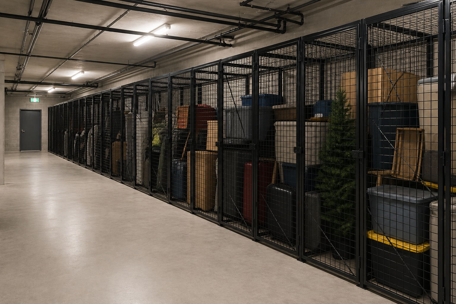 Storage area with shelves filled with various containers and items.