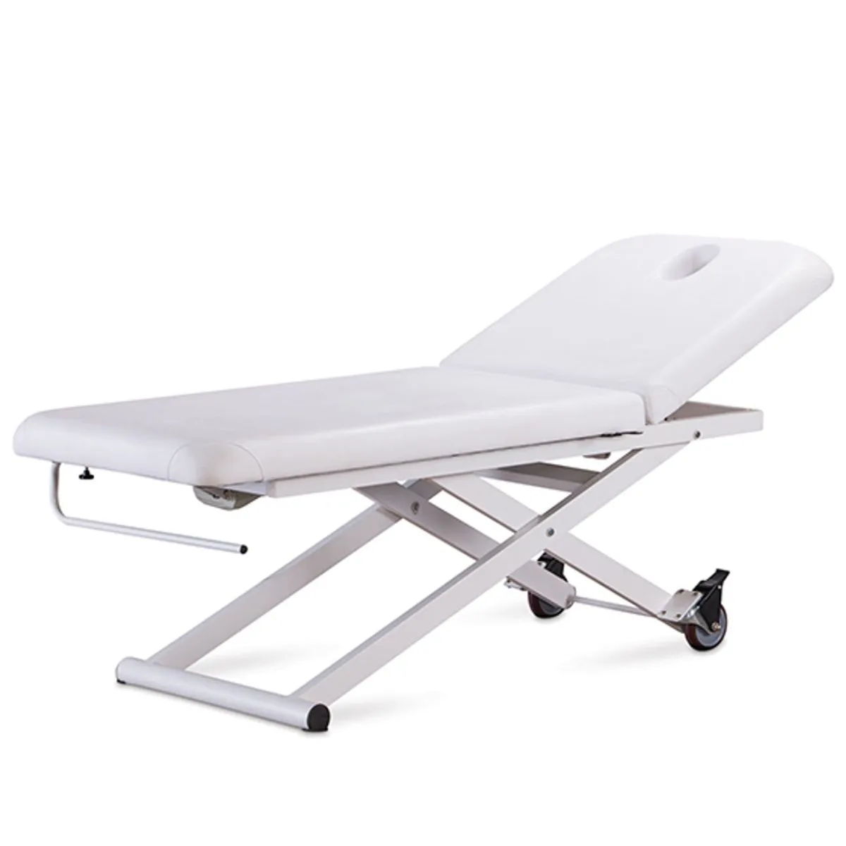 A white adjustable electridcbeauty bed with wheels.