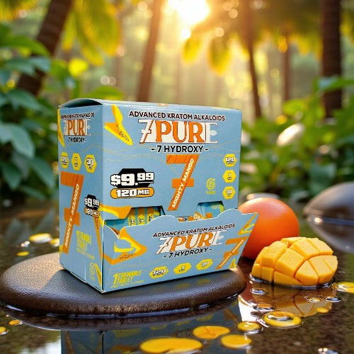 Box of supplements surrounded by tropical plants and fruits.