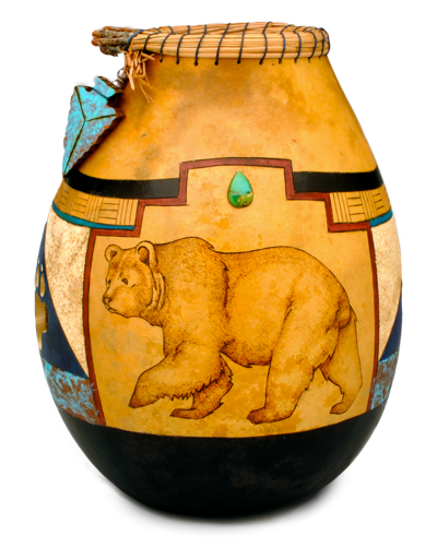 Gourd vase with bear by gourd artist Christy Barajas
