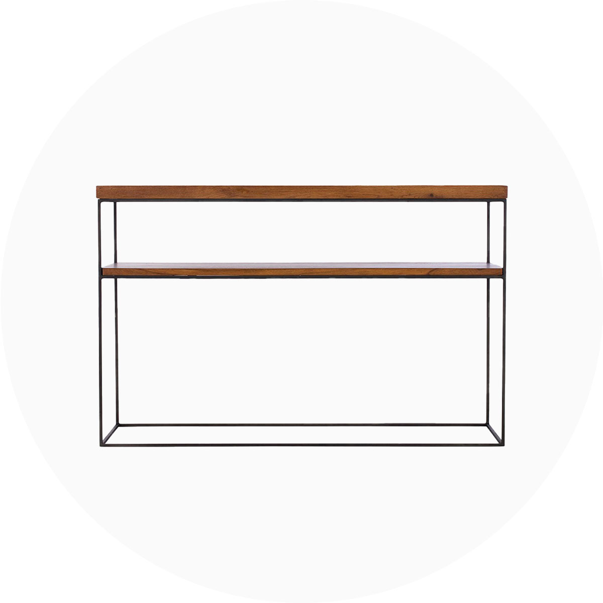 Modern wooden shelf console table with metal frame and two shelves.