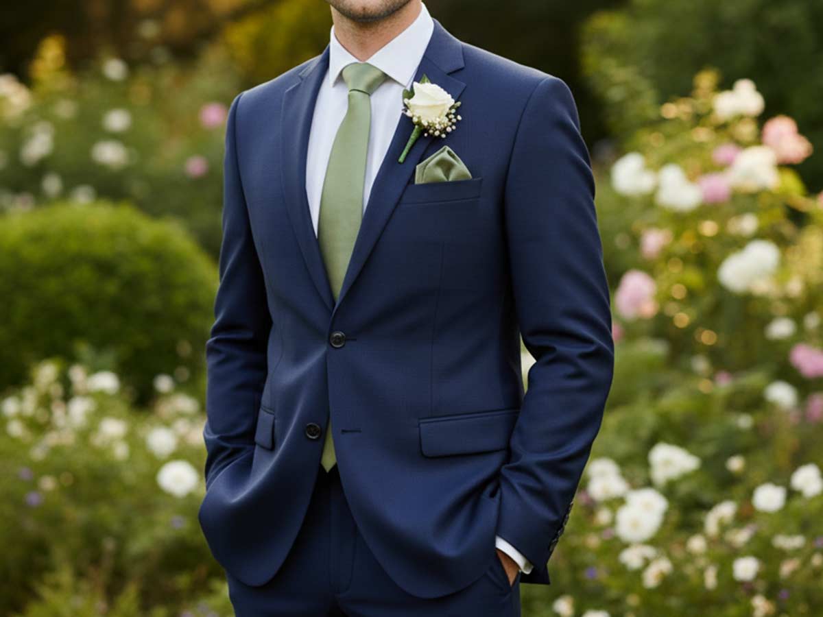 Groomsman wearing a sage tie with a navy blue suit, outside for a summer wedding