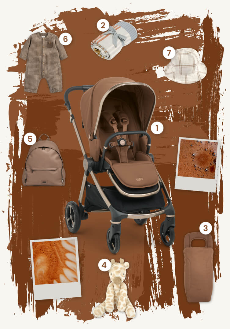 Timeless Edit Moodboard of baby items including Vardo stroller in Nutmeg, clothing, and accessories.