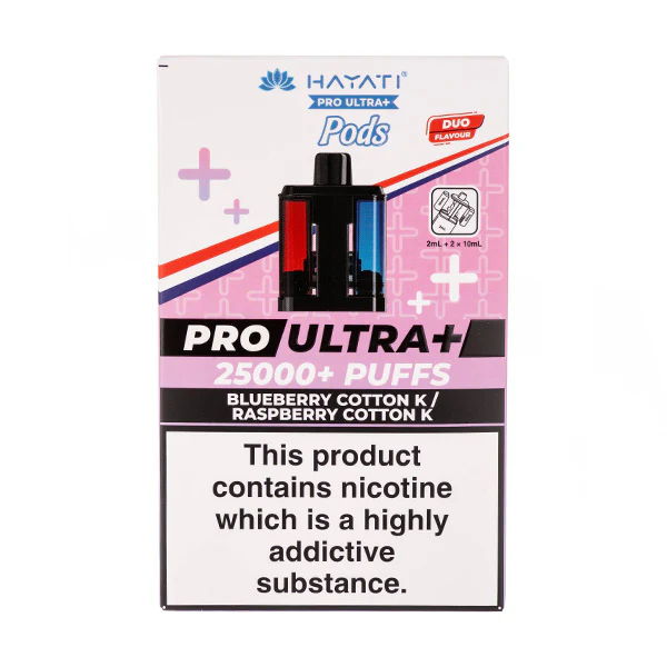 Packaging for the Hayati Pro Ultra Blueberry Cotton K / Raspberry Cotton K flavour