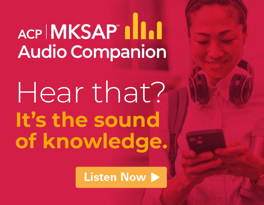 Promotional image for ACP MKSAP Audio Companion with a woman wearing headphones.