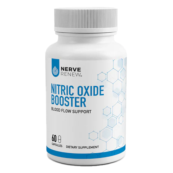Bottle of Nitric Oxide Booster dietary supplement for blood flow support.