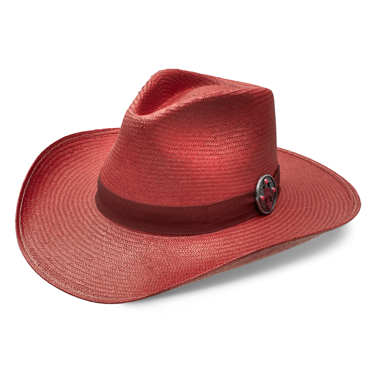 A red cowboy hat with a decorative band and button.
