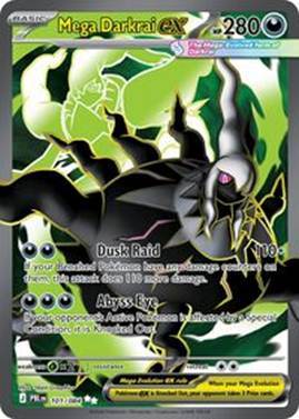 Mega Darkrai card with abilities Dusk Raid and Abyss Eye.