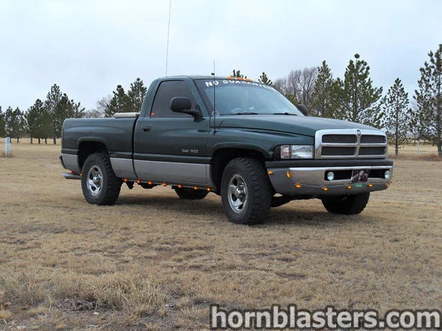 Side view of a dark green 1998 Dodge Ram 1500 parked in a field with amber rock lights