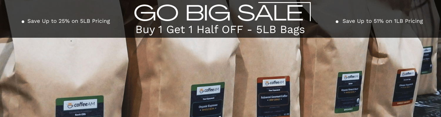 Pictured: A rack of 5LB Coffee Bags Fresh off the roaster with text that reads 