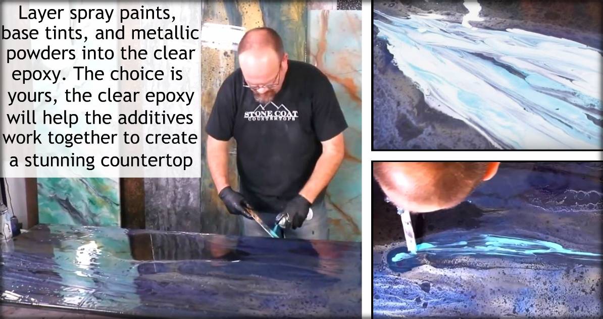 Layer spray paints, base tints, and metallic powders into the clear epoxy. The clear epoxy enhances additive interaction for a stunning countertop.