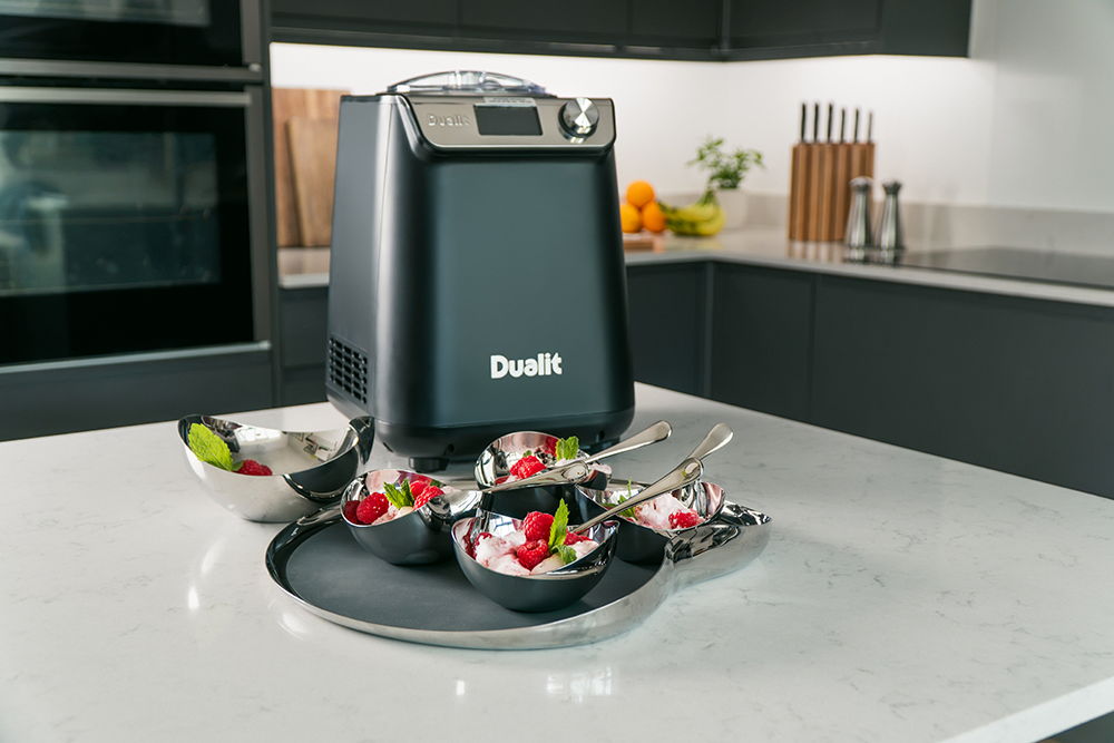 Dualit ice cream maker and Drift bowls of fruit and ice cream.